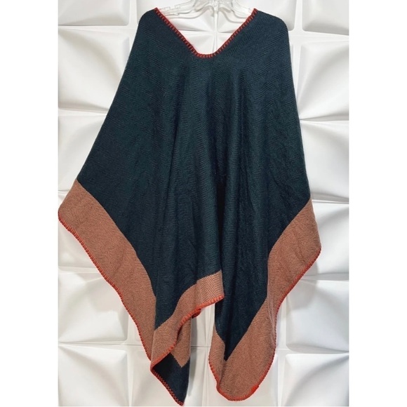Vince Camuto Teal Herringbone Whipstitch Poncho Ruana Cape Shawl Topper RARE - Picture 7 of 10